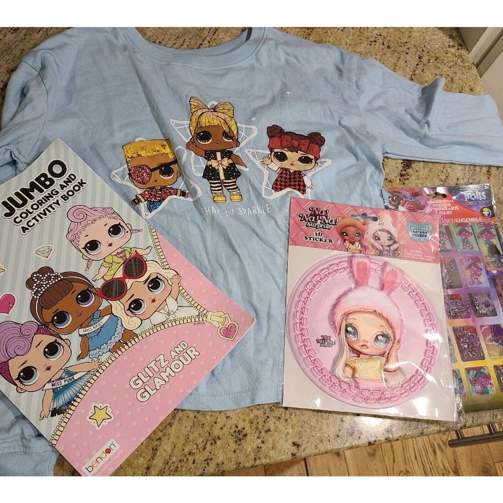 LOL T-shirt Chils L 10/12 Blue Long Sleeve &  Coloring Book & Troll Stickers Lot